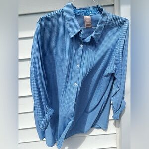 blue checkered button down blouse